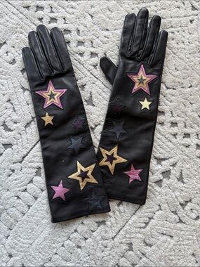 Black Leather Opera Gloves with Pink and Gold Star Appliqués